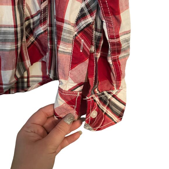 Helix Red Plaid Shirt Athletic Fit Roll L Tab Sleeves Embroidered Country Cherry - Picture 3 of 10